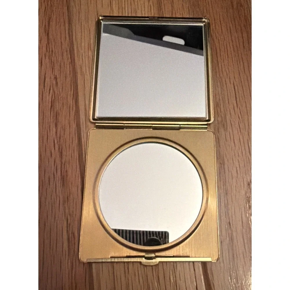Vintage Swan Compact Mirror Gold Tone Engraved Iris Floral Vanity
